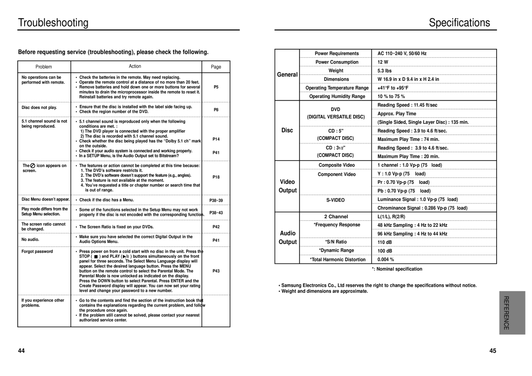 Samsung DVD-P239, DVD-E139 manual Troubleshooting, Specifications, Problem, Action 