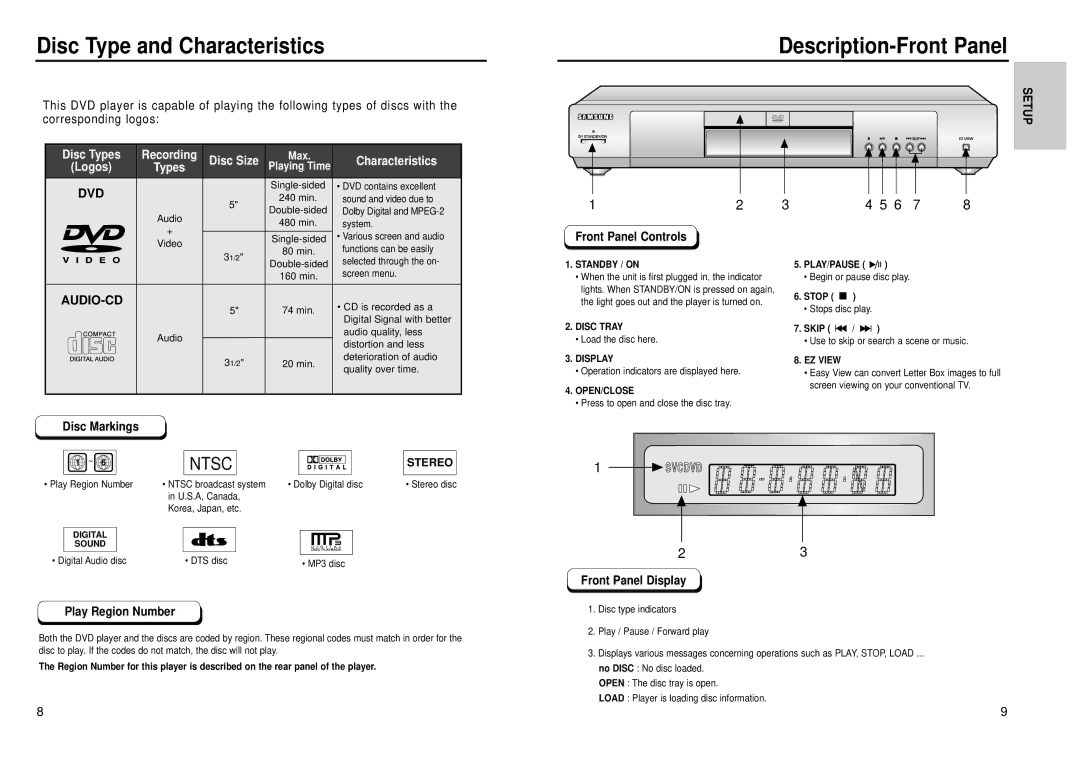 Samsung DVD-P239, DVD-E139 manual Disc Type and Characteristics, Description-Front Panel, Stereo 