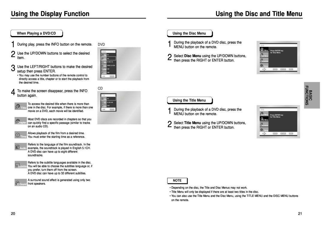 Samsung DVD-P239 manual Using the Display Function, Using the Disc and Title Menu, When Playing a DVD/CD, Basic Functions 