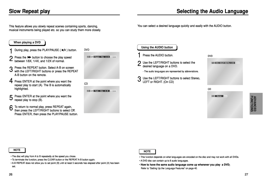 Samsung DVD-E139 Slow Repeat play, Selecting the Audio Language, During play, press the PLAY/PAUSE button, highlighted 
