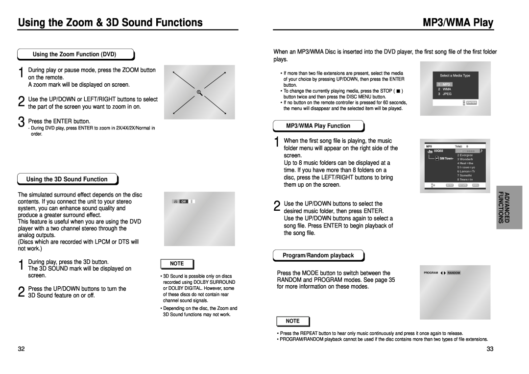 Samsung DVD-P239, DVD-E139 Using the Zoom & 3D Sound Functions, Using the Zoom Function DVD, MP3/WMA Play Function 