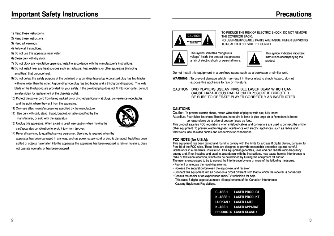 Samsung DVD-E139, DVD-P239 manual Important Safety Instructions, Precautions, Cautions, FCC NOTE for U.S.A 