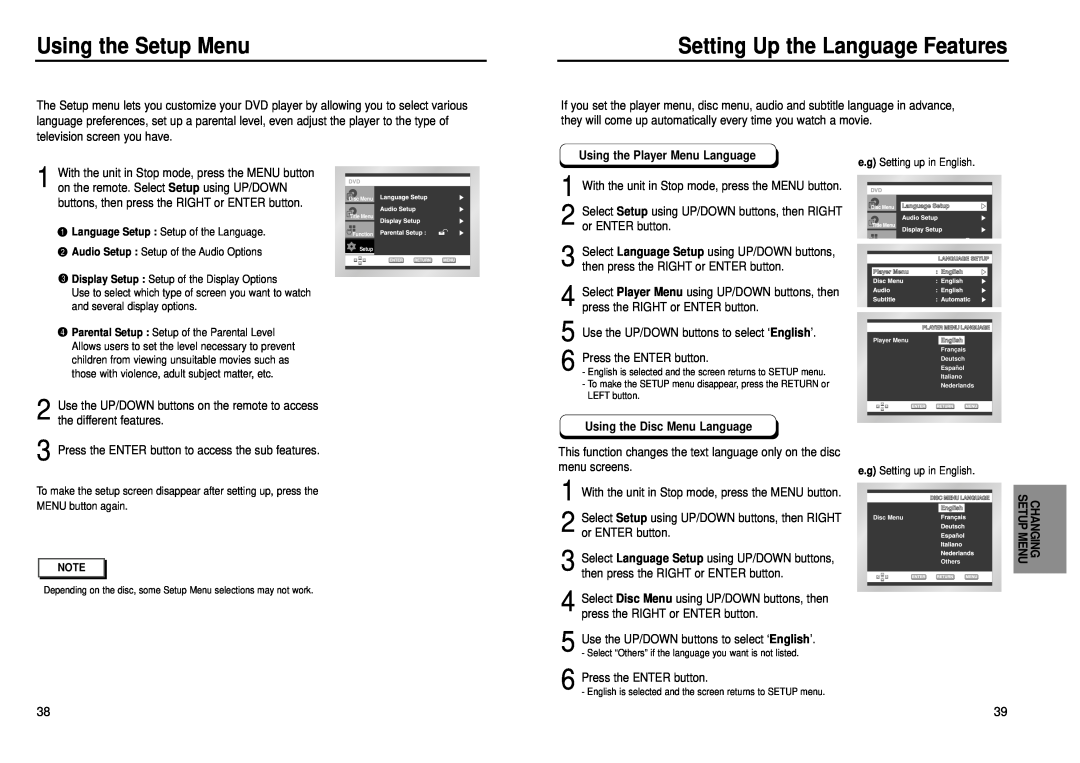 Samsung DVD-E139, DVD-P239 manual Using the Setup Menu, Setting Up the Language Features, Using the Player Menu Language 