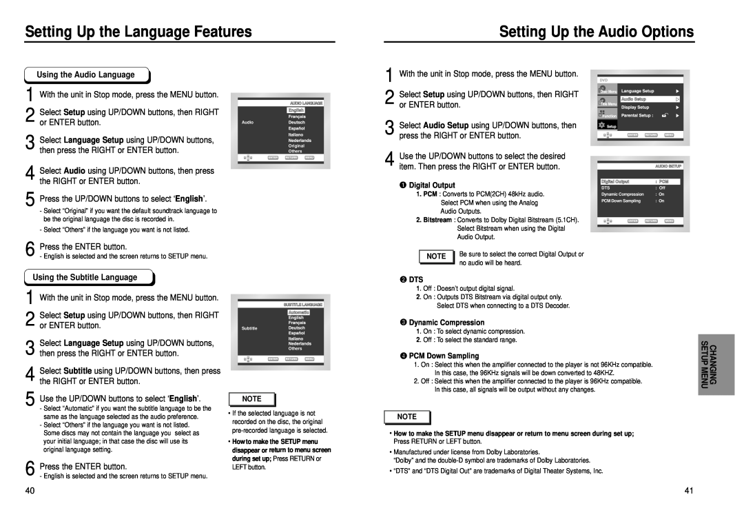 Samsung DVD-P239, DVD-E139 Setting Up the Audio Options, With the unit in Stop mode, press the MENU button, Digital Output 