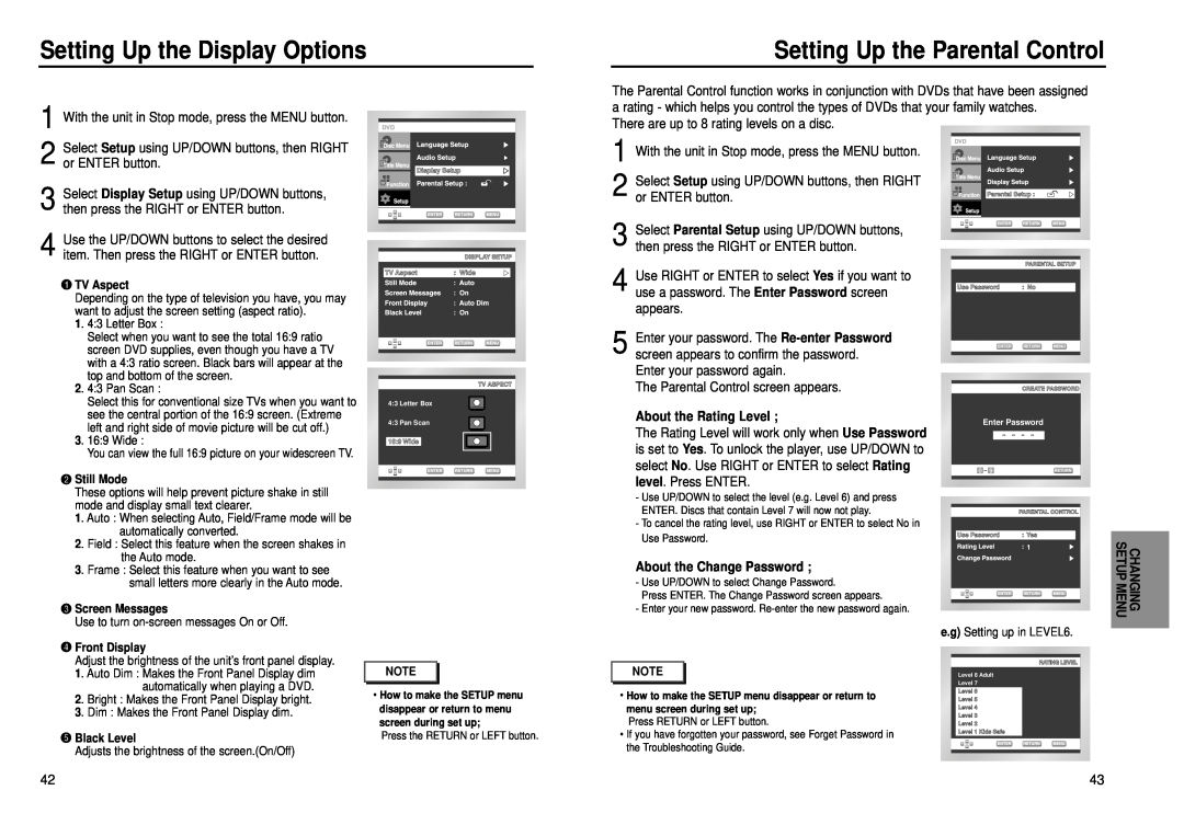 Samsung DVD-E139 Setting Up the Display Options, Setting Up the Parental Control, The Parental Control screen appears 