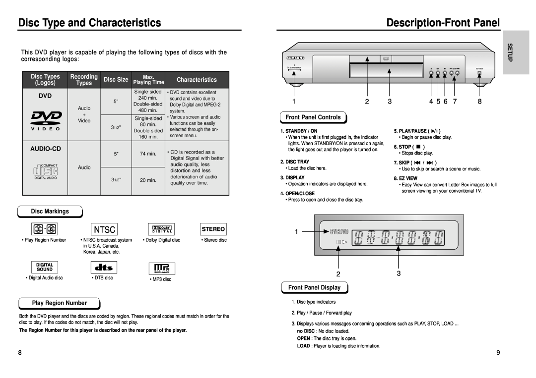 Samsung DVD-P239 Disc Type and Characteristics, Description-Front Panel, Audio-Cd, Disc Types, Recording, Disc Size, Setup 