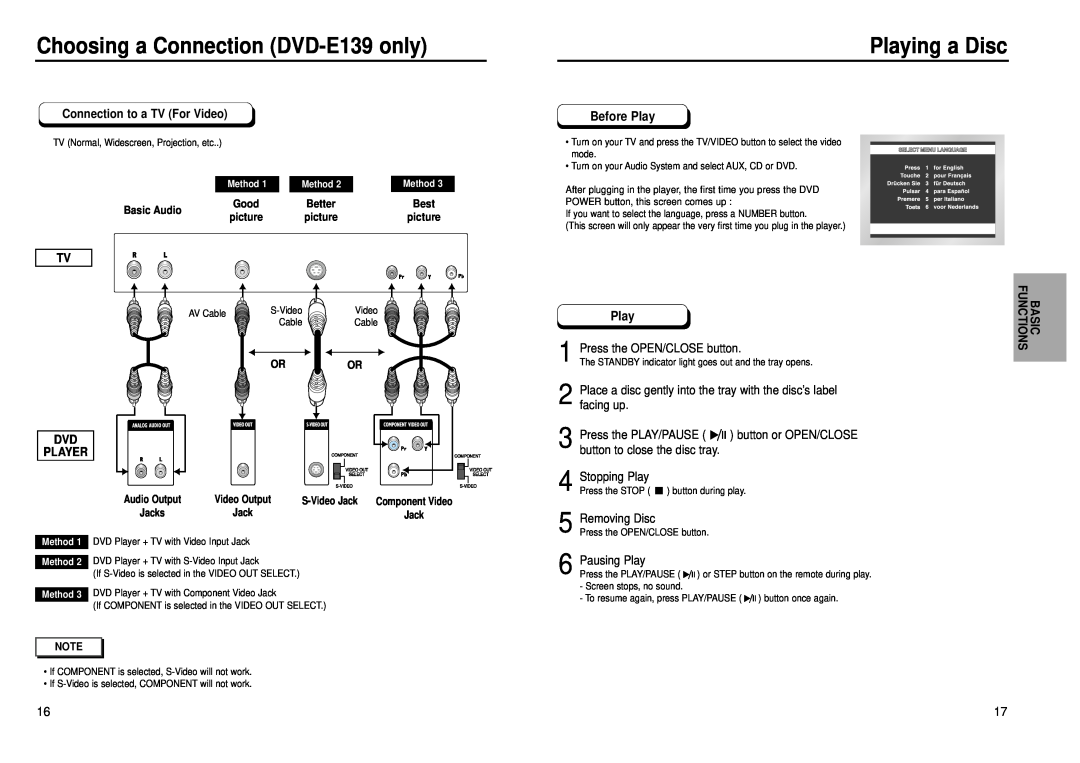 Samsung DVD-P239 Choosing a Connection DVD-E139 only, Playing a Disc, Before Play, Press the OPEN/CLOSE button, Dvd Player 
