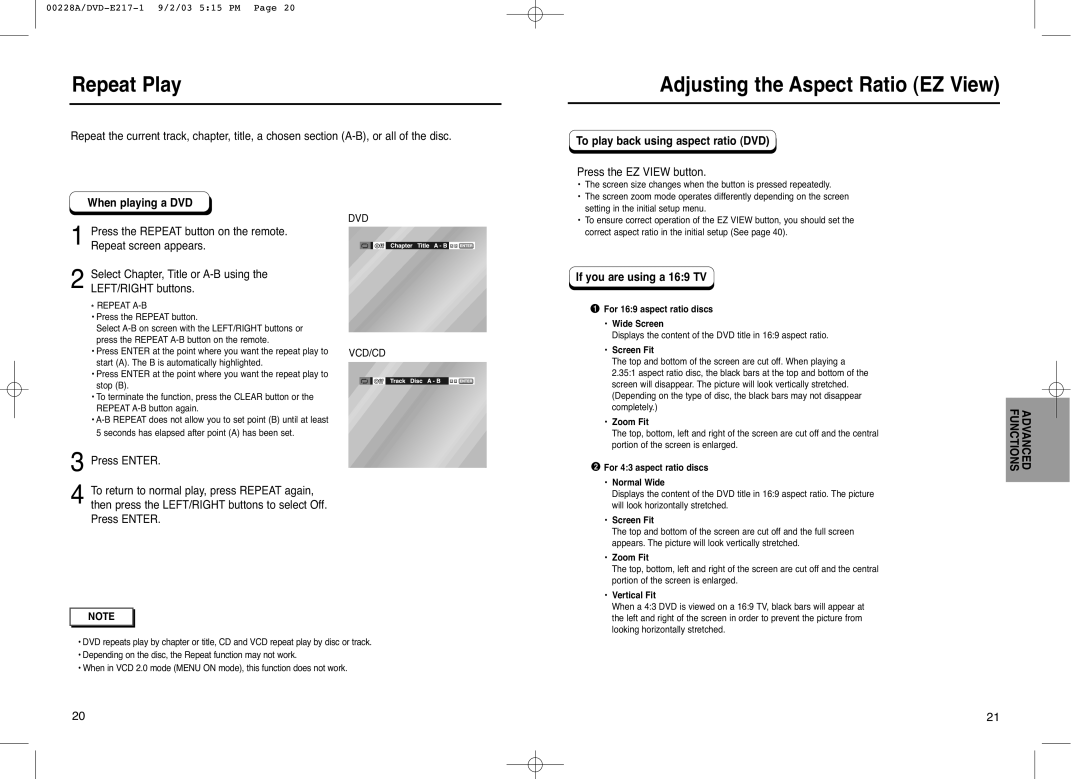 Samsung DVD-1011 Repeat Play, Adjusting the Aspect Ratio EZ View, When playing a DVD, To play back using aspect ratio DVD 