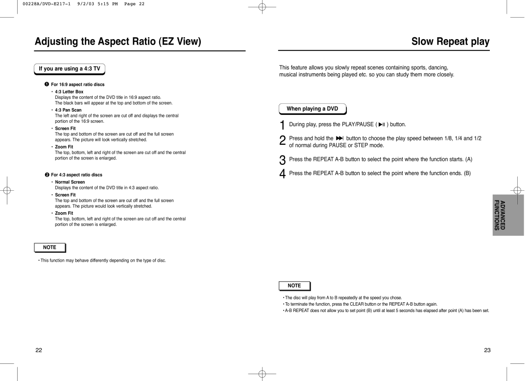 Samsung DVD-E217, DVD-E317, DVD-1011 manual Slow Repeat play, If you are using a 43 TV, Functions Advanced 