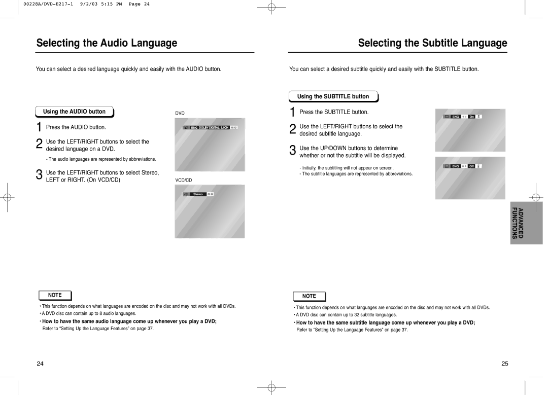 Samsung DVD-E317, DVD-E217, DVD-1011 Selecting the Audio Language, Selecting the Subtitle Language, Using the Audio button 