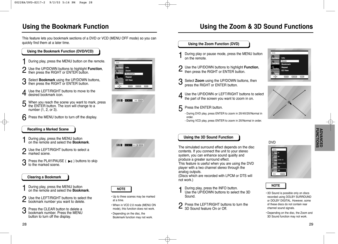 Samsung DVD-E217 Using the Zoom & 3D Sound Functions, Using the Bookmark Function DVD/VCD, Using the Zoom Function DVD 