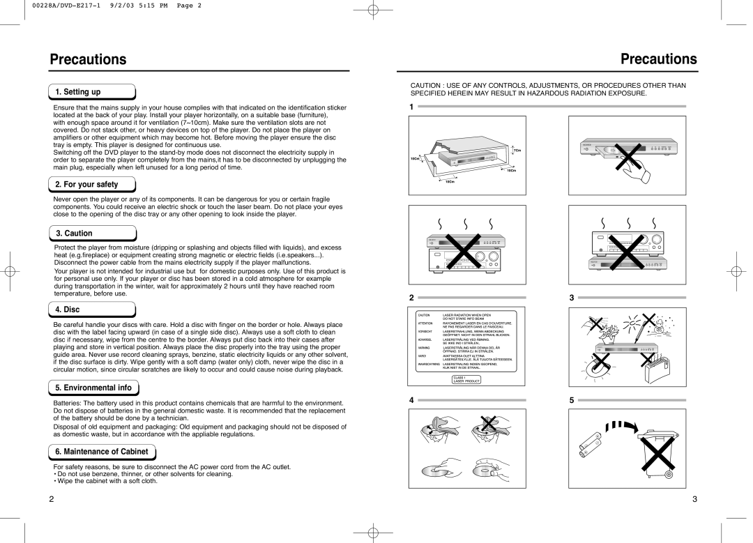 Samsung DVD-1011, DVD-E217, DVD-E317 manual Precautions 