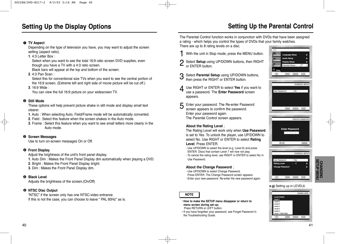 Samsung DVD-E217, DVD-E317, DVD-1011 manual Setting Up the Parental Control, TV Aspect, Black Level, About the Rating Level 