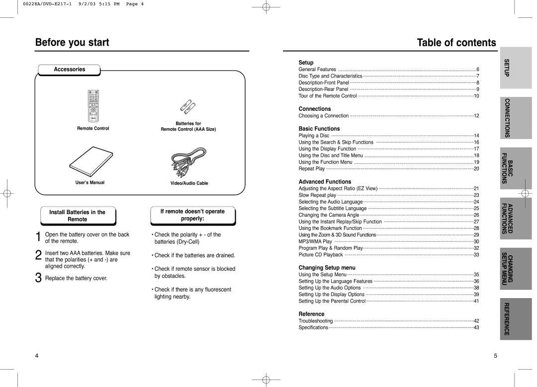 Samsung DVD-E217, DVD-E317, DVD-1011 manual Before you start, Table of contents 