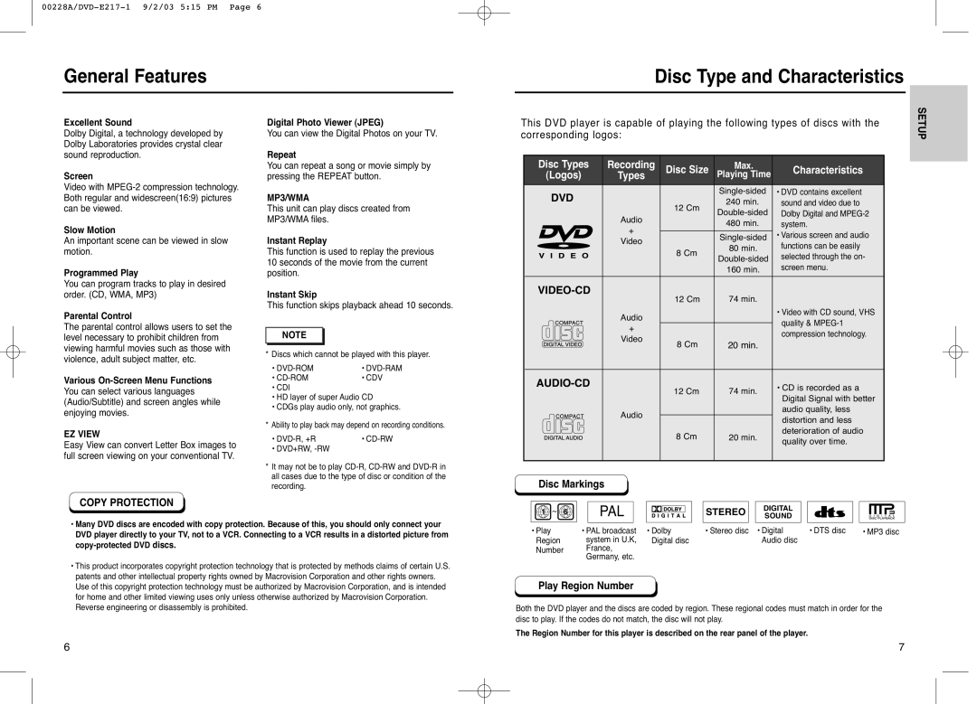 Samsung DVD-E317 General Features Disc Type and Characteristics, Corresponding logos, Disc Markings, Play Region Number 