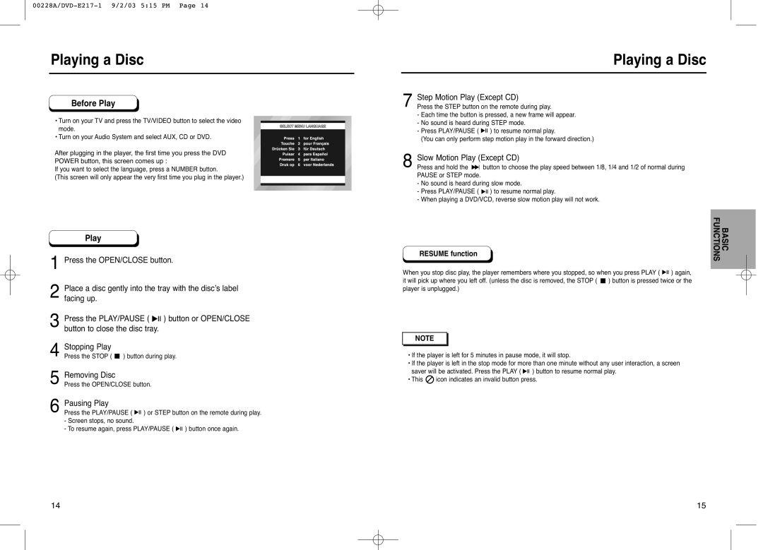 Samsung DVD-1011 manual Playing a Disc, Removing Disc, Pausing Play, Step Motion Play Except CD, Slow Motion Play Except CD 