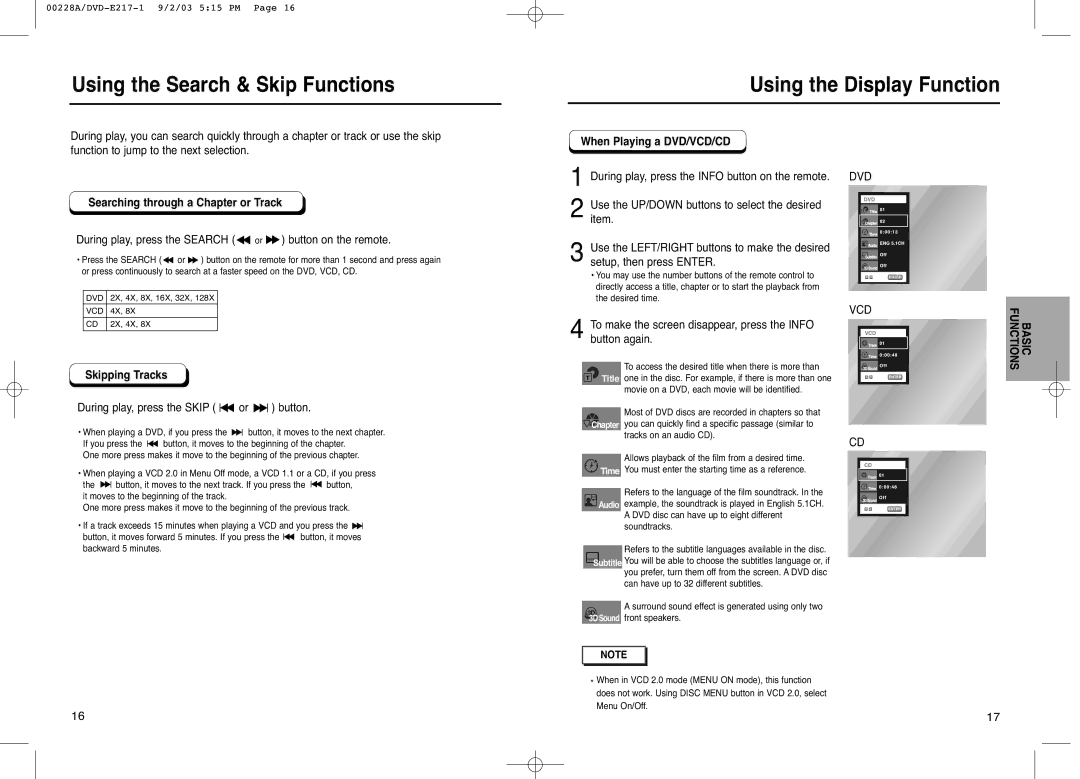 Samsung DVD-E217 manual Using the Search & Skip Functions, Using the Display Function, Searching through a Chapter or Track 