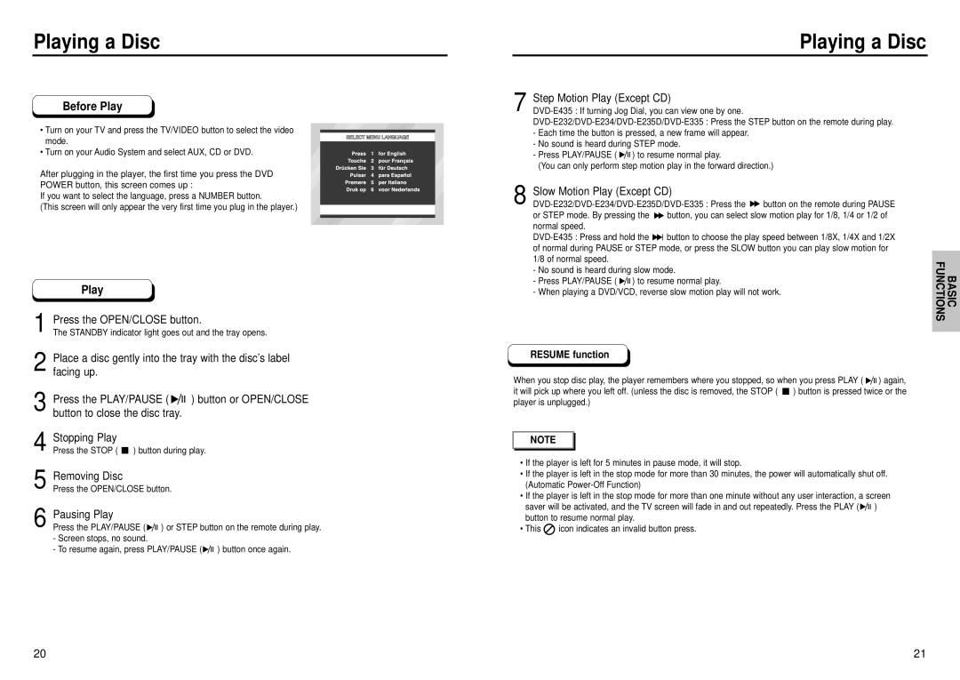 Samsung DVD-E435, DVD-E232, DVD-E335, DVD-E234, DVD-E235D manual Playing a Disc 