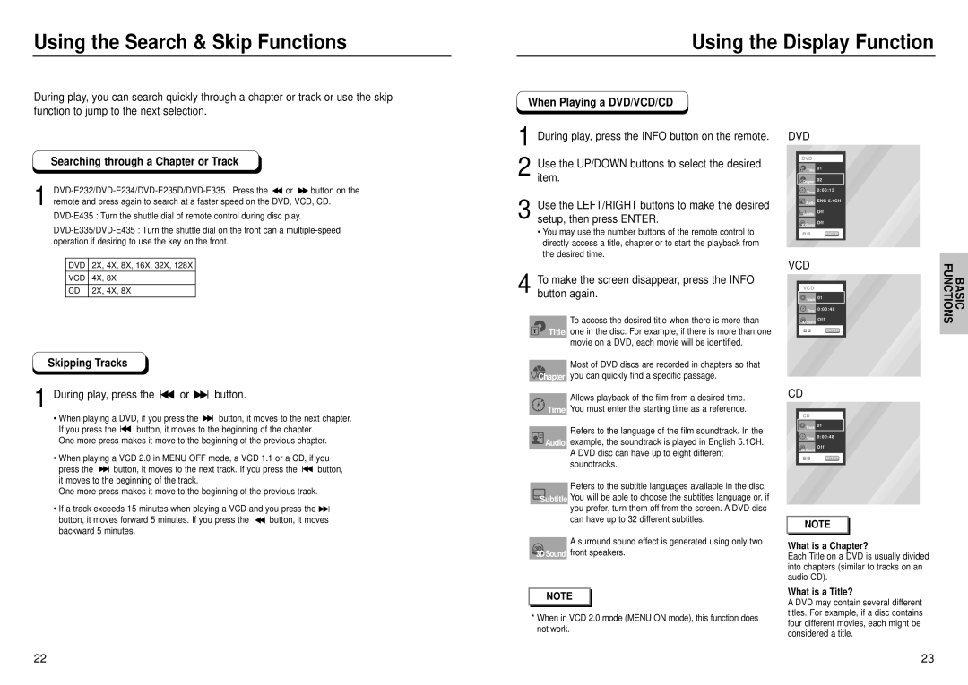 Samsung DVD-E335, DVD-E232, DVD-E435 manual Searching through a Chapter or Track, When Playing a DVD/VCD/CD, Skipping Tracks 