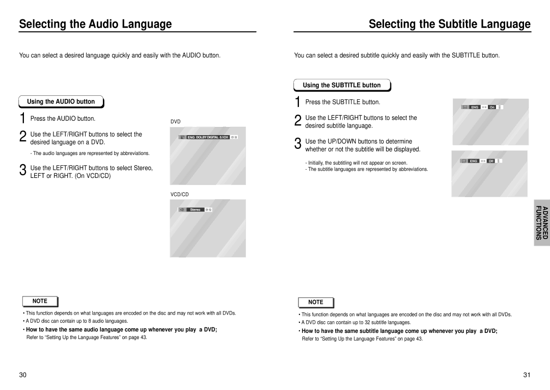 Samsung DVD-E435, DVD-E232, DVD-E335 Selecting the Audio Language, Selecting the Subtitle Language, Using the Audio button 