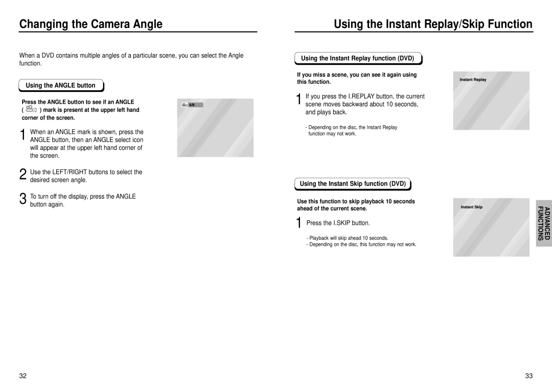 Samsung DVD-E335, DVD-E232, DVD-E435, DVD-E234, DVD-E235D Changing the Camera Angle, Using the Instant Replay/Skip Function 