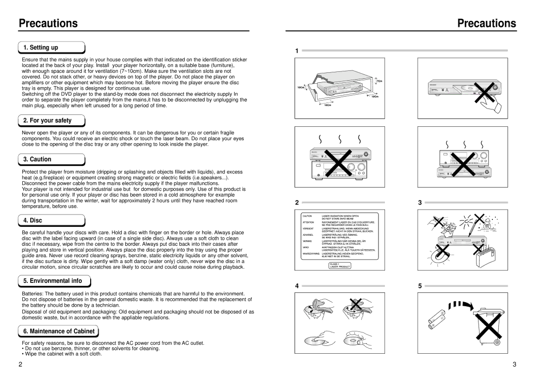 Samsung DVD-E335, DVD-E232, DVD-E435, DVD-E234, DVD-E235D manual Precautions 