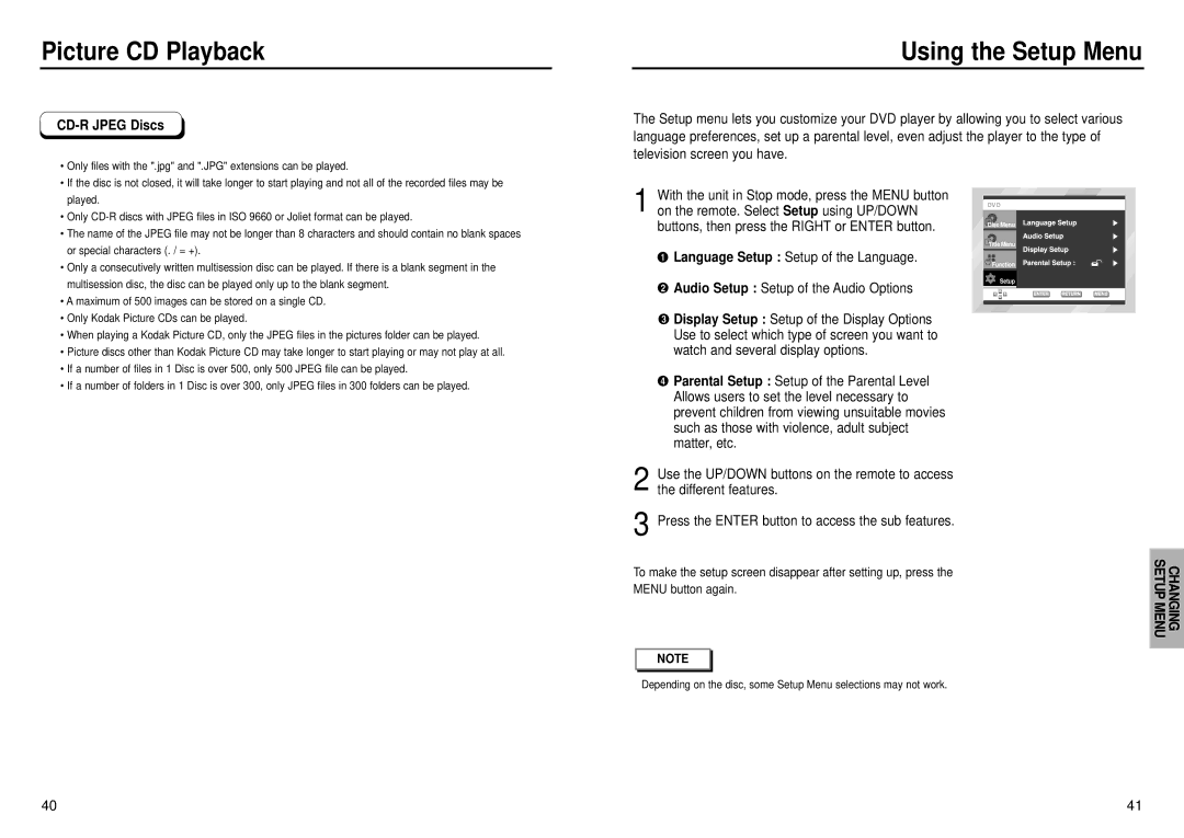 Samsung DVD-E435, DVD-E232, DVD-E335, DVD-E234 Using the Setup Menu, CD-R Jpeg Discs, Language Setup Setup of the Language 