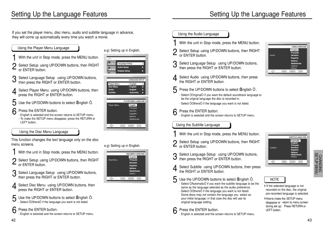 Samsung DVD-E335, DVD-E232 manual Setting Up the Language Features, Using the Audio Language, Using the Player Menu Language 