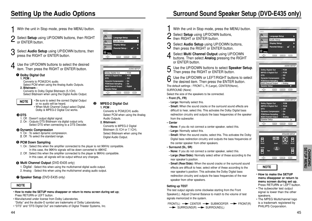 Samsung DVD-E234, DVD-E232, DVD-E435, DVD-E335, DVD-E235D manual Setting Up the Audio Options 