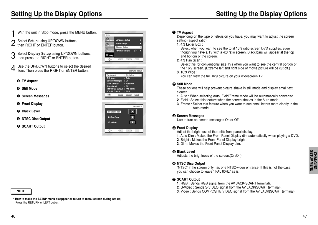 Samsung DVD-E235D, DVD-E232, DVD-E435, DVD-E335, DVD-E234 manual Setting Up the Display Options, TV Aspect 