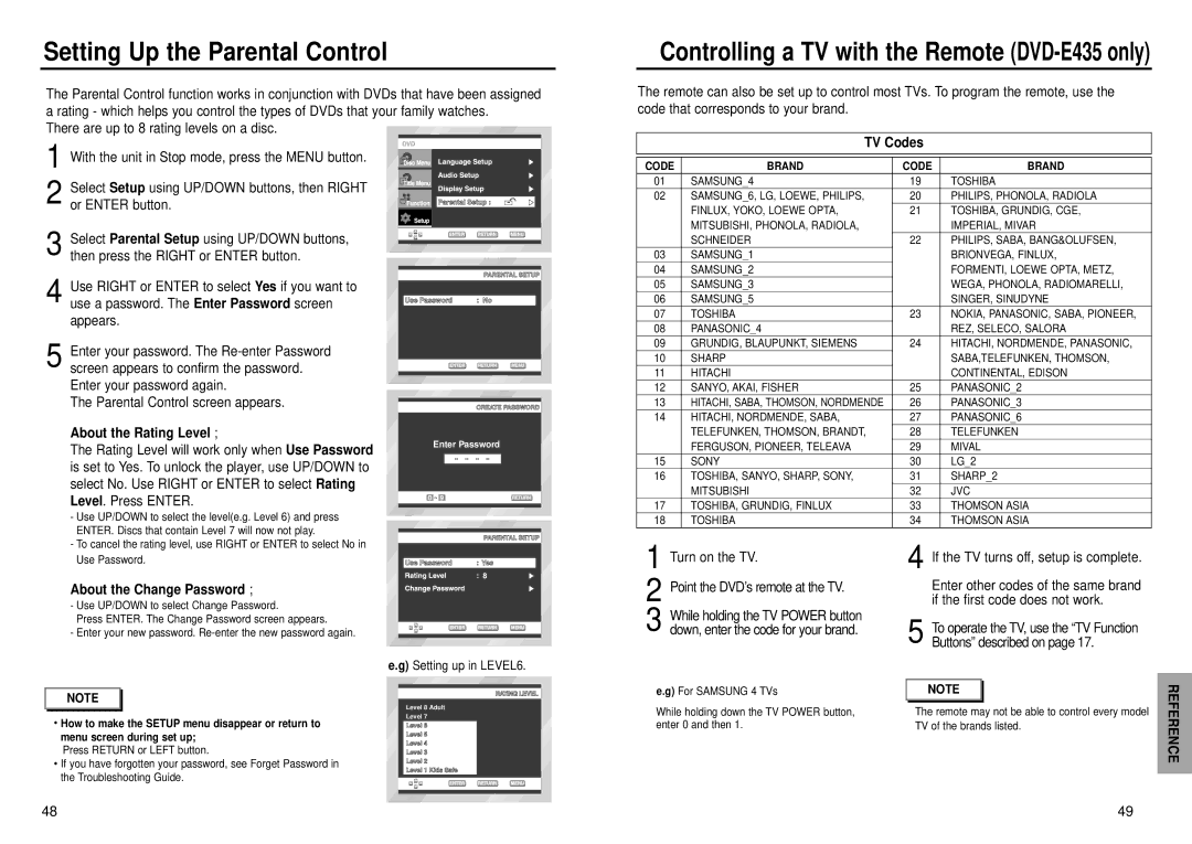 Samsung DVD-E232, DVD-E435 Setting Up the Parental Control, TV Codes, About the Rating Level, About the Change Password 