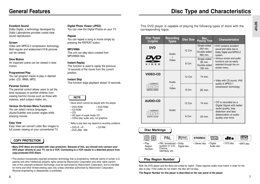 Samsung DVD-E235D, DVD-E232, DVD-E435, DVD-E335 General Features, Corresponding logos, Cd-Rom Cdv, Copy-protected DVD discs 