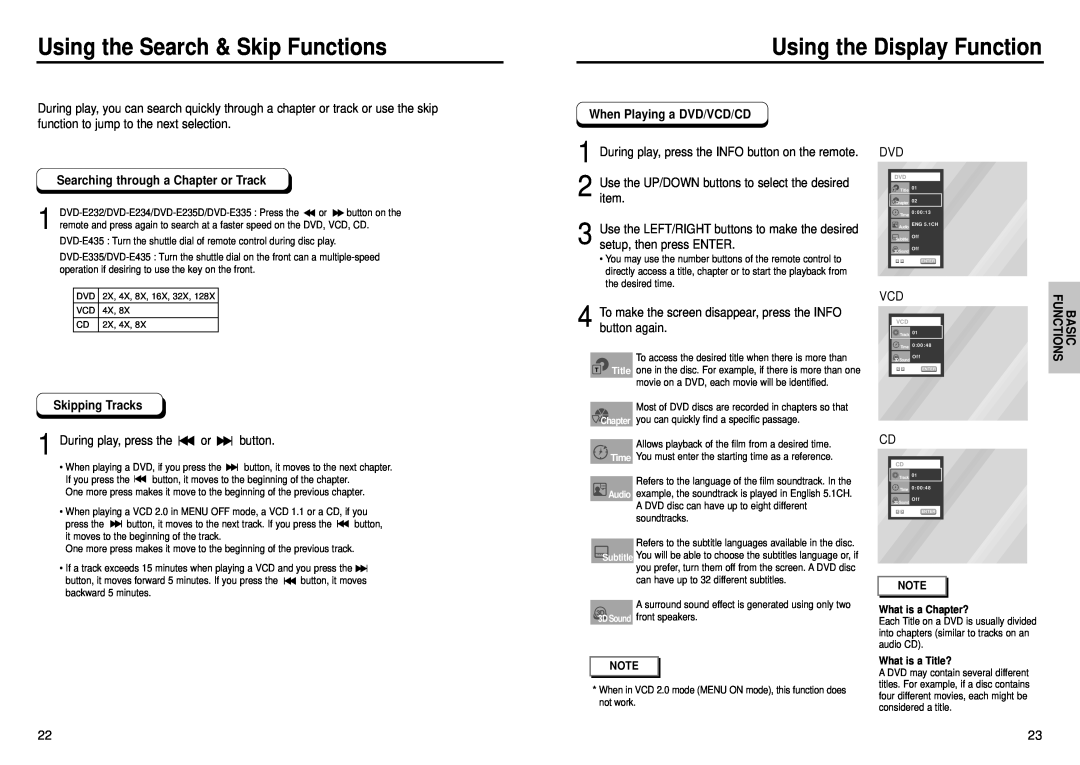 Samsung DVD-E335 manual Using the Search & Skip Functions, Using the Display Function, Searching through a Chapter or Track 