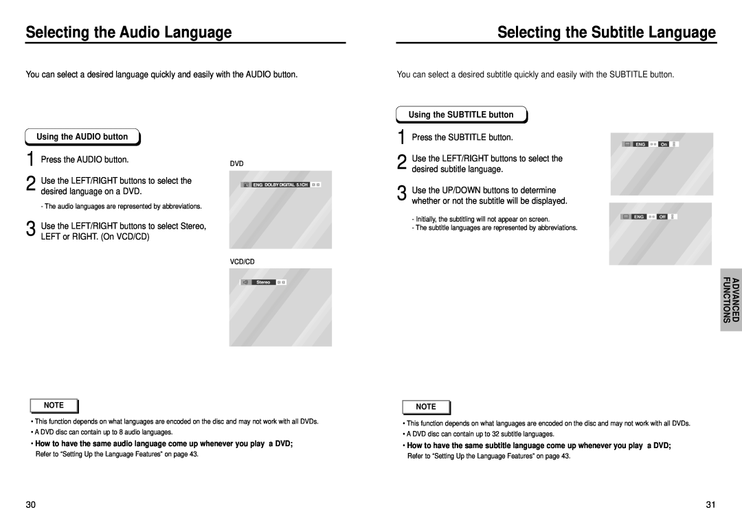 Samsung DVD-E435 manual Selecting the Audio Language, Selecting the Subtitle Language, Using the AUDIO button, Functions 