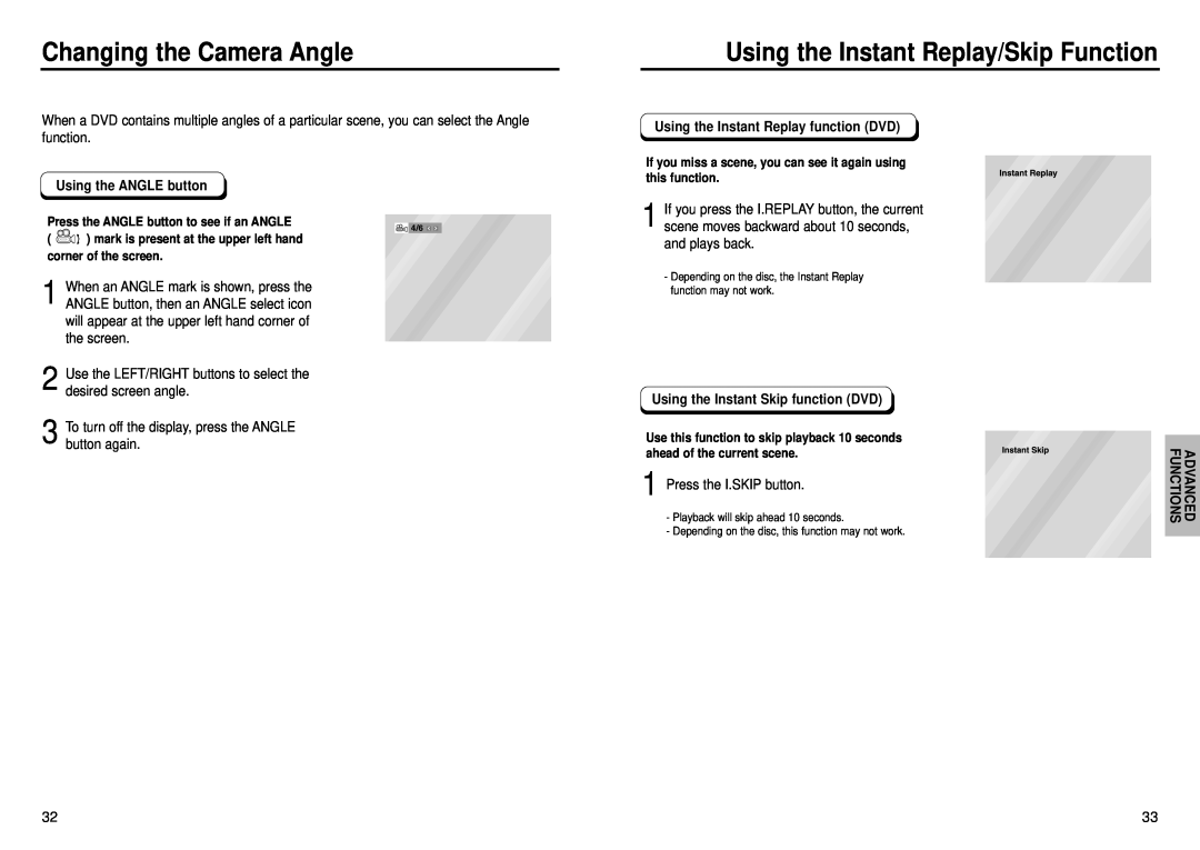 Samsung DVD-E335, DVD-E232 manual Changing the Camera Angle, Using the Instant Replay/Skip Function, Using the ANGLE button 