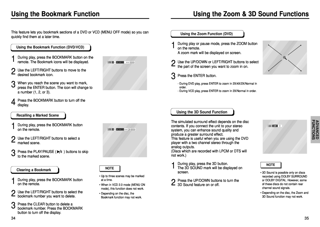 Samsung DVD-E234, DVD-E232 Using the Bookmark Function, Using the Zoom & 3D Sound Functions, Using the 3D Sound Function 
