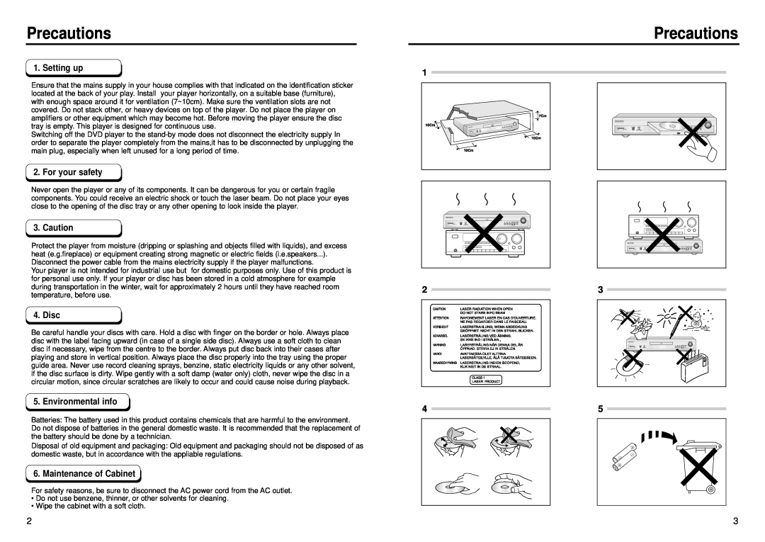 Samsung DVD-E335 manual Precautions, Setting up, For your safety, Caution, Disc, Environmental info, Maintenance of Cabinet 