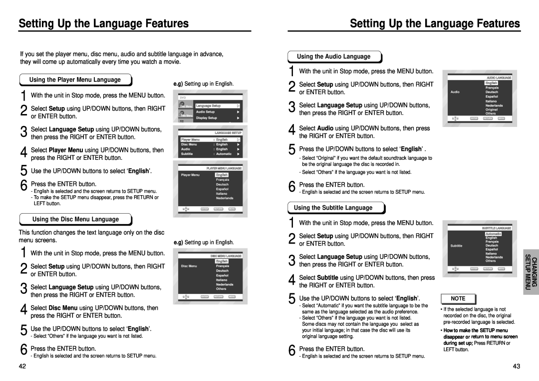 Samsung DVD-E335, DVD-E232 manual Setting Up the Language Features, Using the Audio Language, Using the Player Menu Language 