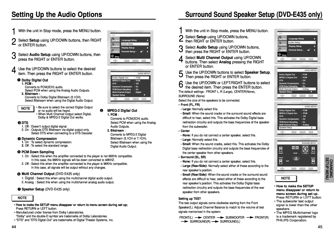 Samsung DVD-E234, DVD-E232 Setting Up the Audio Options, Surround Sound Speaker Setup DVD-E435 only, Setup Menu, Changing 