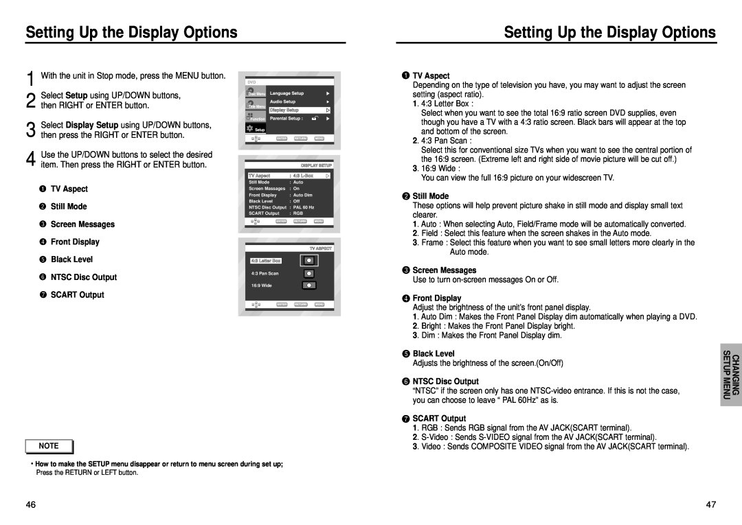 Samsung DVD-E235D Setting Up the Display Options, Menu, TV Aspect Still Mode Screen Messages Front Display Black Level 