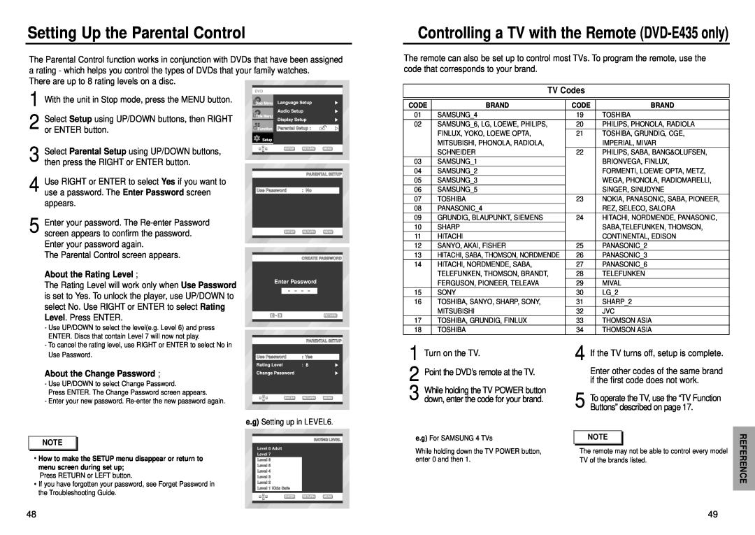 Samsung DVD-E232 Setting Up the Parental Control, Controlling a TV with the Remote DVD-E435 only, Reference, TV Codes 