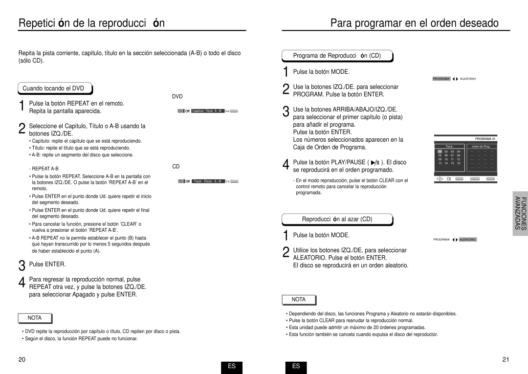 Samsung DVD-E232A/XEC manual Para programar en el orden deseado, Programa de Reproducció n CD, Pulse la botón Mode 