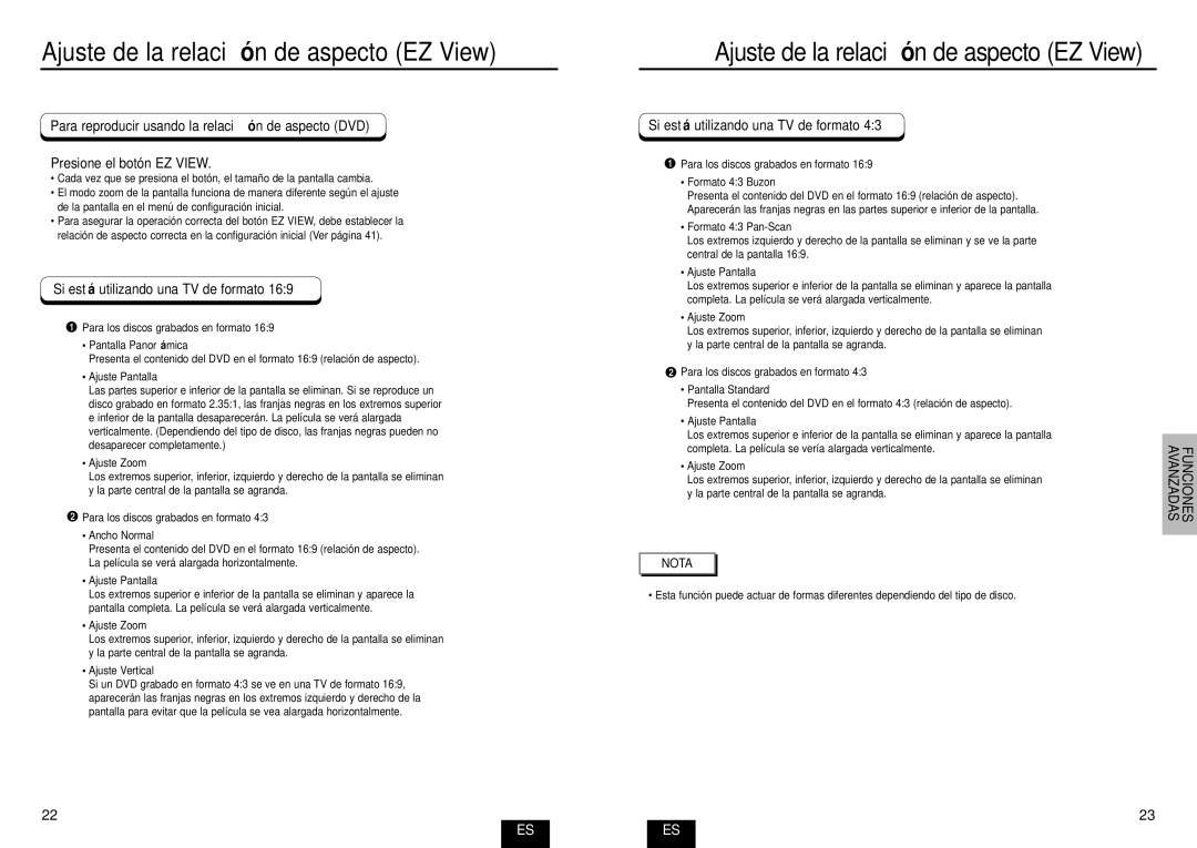 Samsung DVD-E232A/XEC manual Ajuste de la relació n de aspecto EZ View, Para reproducir usando la relació n de aspecto DVD 