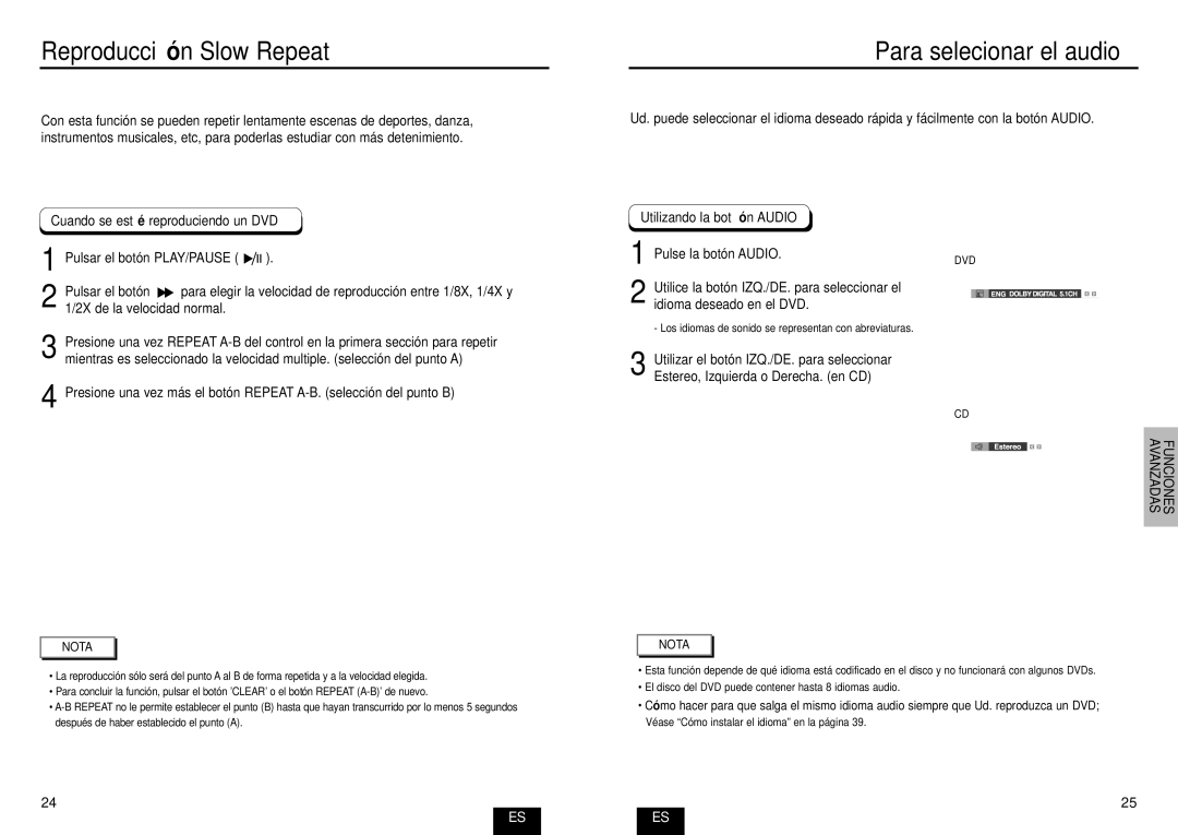 Samsung DVD-E232A/XEC manual Reproducció n Slow Repeat, Para selecionar el audio, Cuando se esté reproduciendo un DVD 