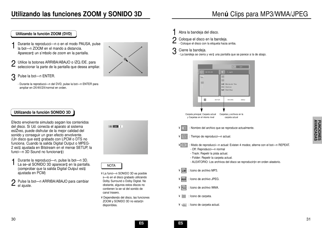 Samsung DVD-E232A/XEC Utilizando las funciones Zoom y Sonido 3D, Utilizando la función Zoom DVD, Pulse la botón Enter 