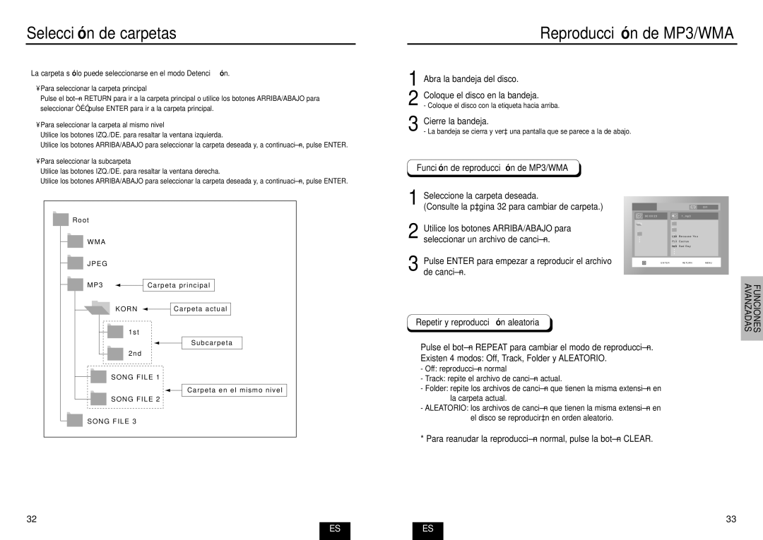 Samsung DVD-E232A/XEC manual Selecció n de carpetas, Reproducció n de MP3/WMA, Funció n de reproducció n de MP3/WMA 