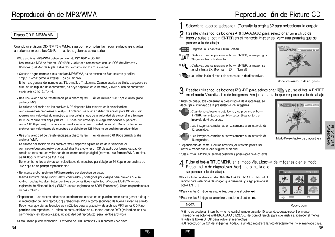 Samsung DVD-E232A/XEC manual Reproducció n de Picture CD, Discos CD-R MP3/WMA, Nota 