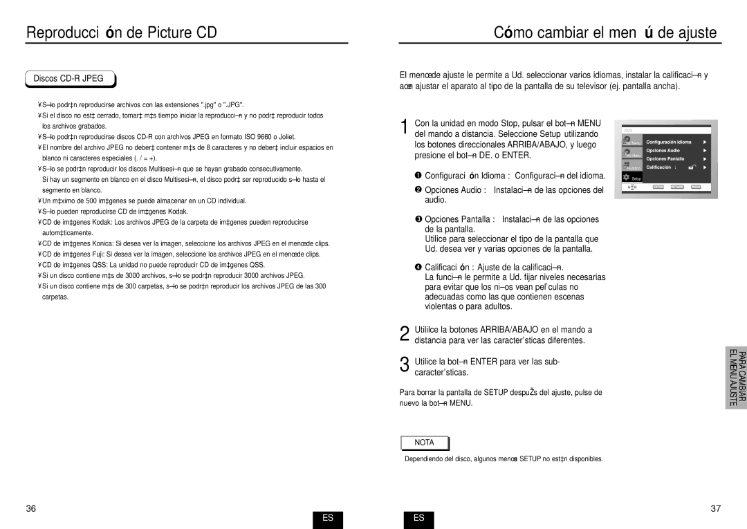 Samsung DVD-E232A/XEC manual Có mo cambiar el menú de ajuste, Discos CD-R Jpeg, Características 