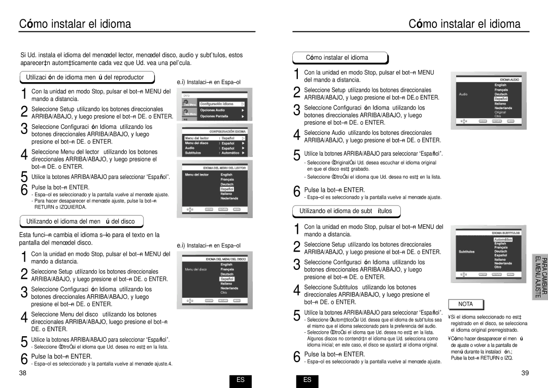 Samsung DVD-E232A/XEC Có mo instalar el idioma, Utilizació n de idioma menú del reproductor, Presione el botón DE. o Enter 