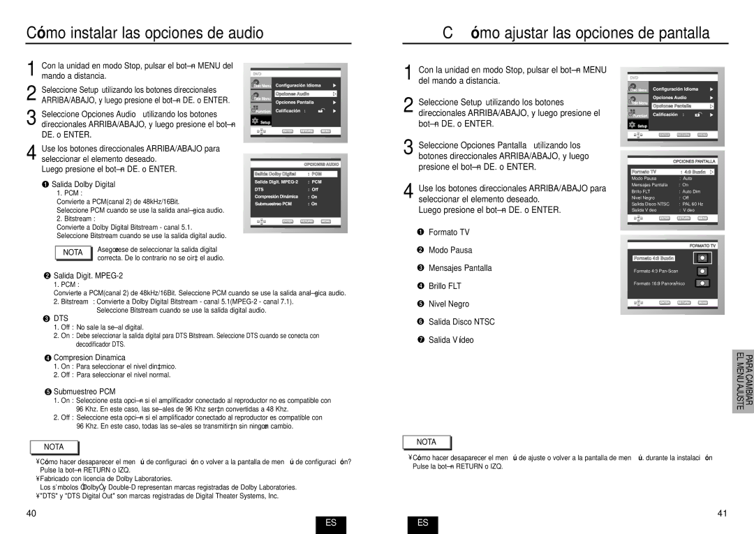 Samsung DVD-E232A/XEC manual Có mo instalar las opciones de audio, Luego presione el botón DE. o Enter, Dts 